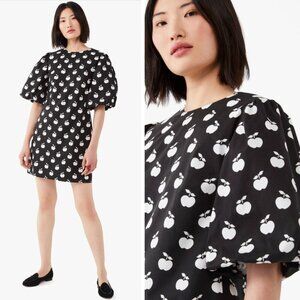 Kate Spade Apple Toss Taxi Dress Black Cotton Puff Sleeves Size 6